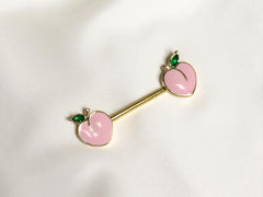 Pair of 14G Gold Pink Enamel Peach Ends Nipple Barbell