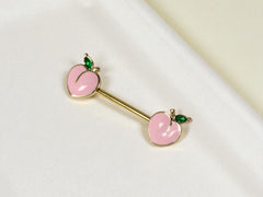 Pair of 14G Gold Pink Enamel Peach Ends Nipple Barbell