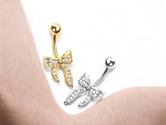 Gold Ribbon Belly Ring | 14g CZ Navel Piercing Jewelry, Non-Dangle