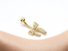 Gold Ribbon Belly Ring | 14g CZ Navel Piercing Jewelry, Non-Dangle