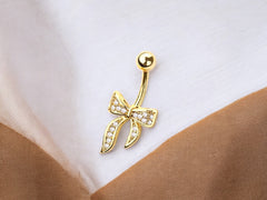 Gold Ribbon Belly Ring | 14g CZ Navel Piercing Jewelry, Non-Dangle