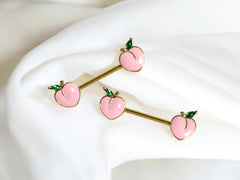 Pair of 14G Gold Pink Enamel Peach Ends Nipple Barbell