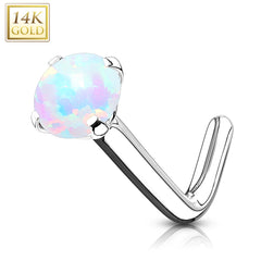 14Karat Real Gold Prong Set White Opal Top L-Shape Nose Stud. Nose Piercing. Nose Ring. L-Shape Nose Stud.