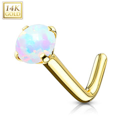 14Karat Real Gold Prong Set White Opal Top L-Shape Nose Stud. Nose Piercing. Nose Ring. L-Shape Nose Stud.