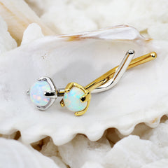 14Karat Real Gold Prong Set White Opal Top L-Shape Nose Stud. Nose Piercing. Nose Ring. L-Shape Nose Stud.