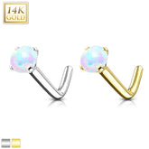 14Karat Real Gold Prong Set White Opal Top L-Shape Nose Stud. Nose Piercing. Nose Ring. L-Shape Nose Stud.