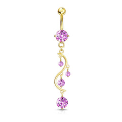Gold Dangling Pink Solitaire Gems Belly Button Ring