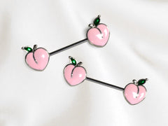 Pair of 14G Silver Pink Enamel Peach Ends Nipple Barbell