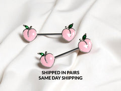 Pair of 14G Silver Pink Enamel Peach Ends Nipple Barbell