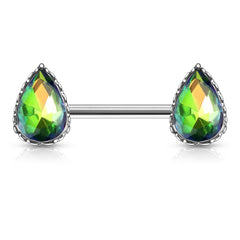 Pair of 14G Sparkling Clear Multicolor Effect Teardrop Stones Nipple Barbells. Nipple Piercing. Nipple Rings. Nipple Jewelry