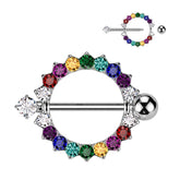 Pair of 14G Silver Circle of Life Nipple Shields with Sparkling Multicolored Stones. Nipple Rings. Nipple Piercing