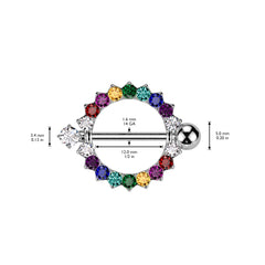 Pair of 14G Silver Circle of Life Nipple Shields with Sparkling Multicolored Stones. Nipple Rings. Nipple Piercing