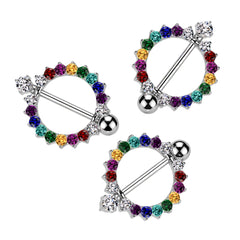 Pair of 14G Silver Circle of Life Nipple Shields with Sparkling Multicolored Stones. Nipple Rings. Nipple Piercing