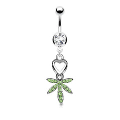 14G Silver Dangling Heart and Gem Marijuana Leaf Belly Button Ring