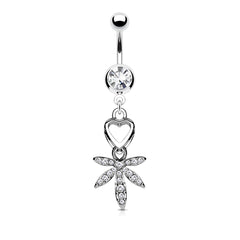14G Silver Dangling Heart and Gem Marijuana Leaf Belly Button Ring
