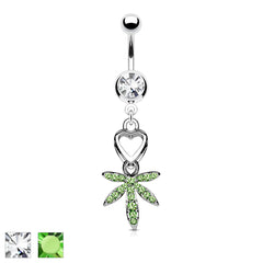14G Silver Dangling Heart and Gem Marijuana Leaf Belly Button Ring