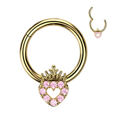 16G Sparkling Multicolor Stone Heart Crown Top 8mm Surgical Steel Seamless Hinged Septum Clicker Ring.