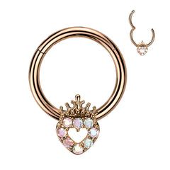 16G Sparkling Multicolor Stone Heart Crown Top 8mm Surgical Steel Seamless Hinged Septum Clicker Ring.