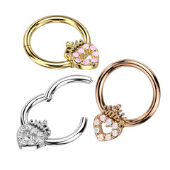 16G Sparkling Multicolor Stone Heart Crown Top 8mm Surgical Steel Seamless Hinged Septum Clicker Ring.