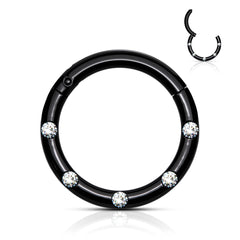 16G  Round Hinged Septum Clicker Ring with Multiple Clear Gems