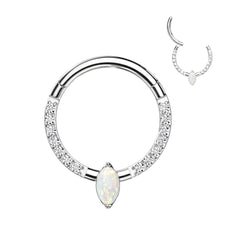 16G Titanium Hinged Septum Clicker Hoop Ring with Marquise White Opal