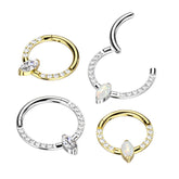16G Titanium Hinged Septum Clicker Hoop Ring with Marquise White Opal