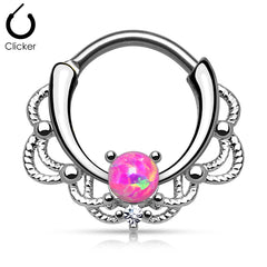 16G Silver Single Pink Opal Center Hinged Septum Clicker Ring