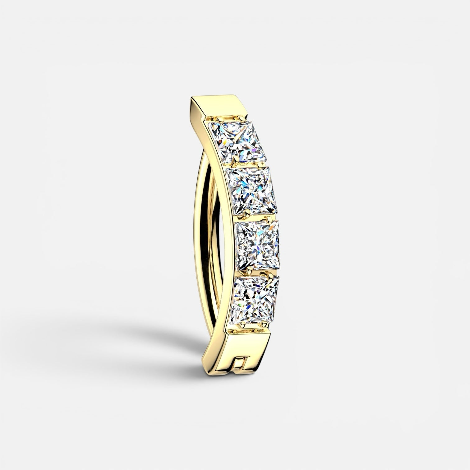 AABodyJewelry gold belly button ring with four princess-cut clear stones in a curved channel setting.