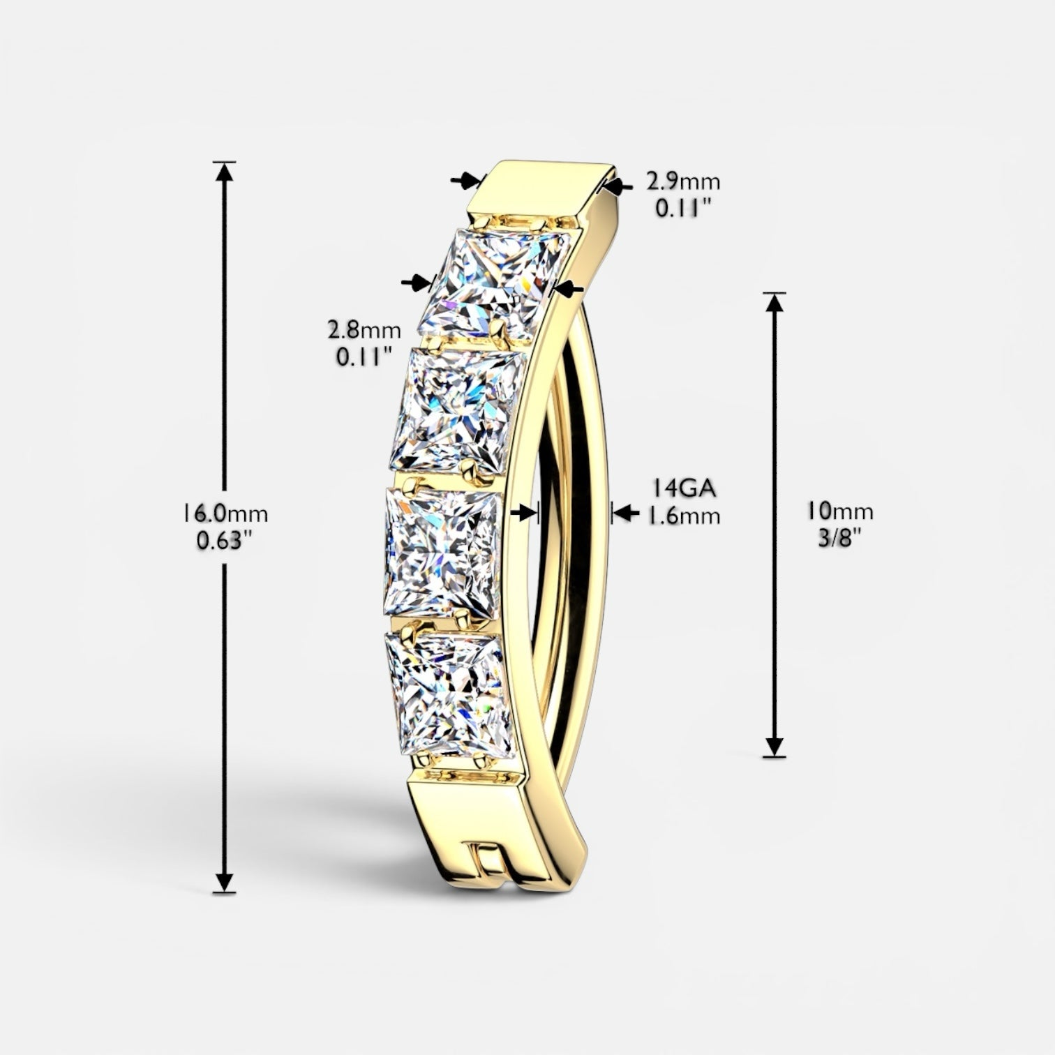AABodyJewelry 14GA gold navel ring featuring four princess-cut clear stones in a curved channel setting with dimensions.