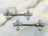 14G Clear Sparkling Stones Cross Ends Nipple Barbells. Nipple Piercings. Nipple Rings. Nipple Jewelry