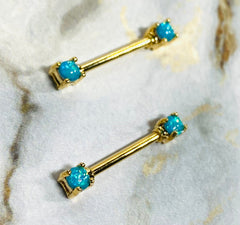 Pair of 14G Gold Glitter Opal Gem Prong Nipple Barbells. Nipple Piercings. Nipple Rings. Nipple Jewelry