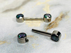 Pair of 14G Implant Grade Titanium Internally Threaded Bezel Green Stones Nipple Barbells. Nipple Piercing. Nipple Jewelry. Nipple Rings