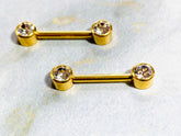 Pair of 14G Gold Push-In Threadless Bezel Set Flat Back Clear Stone Nipple Barbells. Nipple Rings. Nipple Piercing. Nipple Jewelry