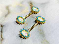 Pair of 14G Gold Elegant Opal with Turquoise Stone Nipple Barbells. Nipple Rings. Nipple Piercing. Nipple Jewelry