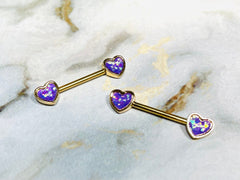 Pair of 14G Gold Opal Glitter Hearts Nipple Barbells. Nipple Piercing. Nipple Rings. Nipple Jewelry