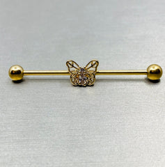 Butterfly with center CZ stone Industrial barbell