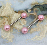 Pair of 14G Pink Pearls Nipple Barbells. Nipple Piercing. Nipple Jewelry. Nipple Rings