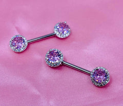 14G Pink Round Crystal Gem Paved Nipple Barbell. Nipple Piercing. Nipple Jewelry.