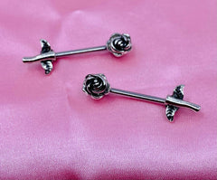 Pair of 14G Antique Silver Rose Flower Stem Nipple Barbells. Nipple Jewelry. Nipple Piercing.