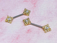 Pair of 14G Gold Vintage White Pearl Paved Flower Ends Nipple Barbells. Nipple Piercing. Nipple Rings. Nipple Jewelry. Body Jewelry.