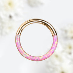 16G Surgical Steel Rose Gold Pink Opal Inlay Front Facing 10MM/8MM Septum Clicker Ring. Septum Piercing. Septum Ring. Nose Ring.