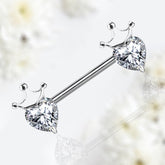 Pair of 14G Heart & Crown Top Nipple Barbell. Nipple Piercing. Nipple Ring. Nipple Jewelry
