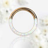 16G Surgical Steel Rose Gold White Opal Inlay Front Facing 10MM/8MM Septum Clicker Ring. Septum Piercing. Septum Ring. Nose Ring.