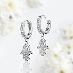Pair of Stainless Steel Clear Stones Paved Dangling Hamsa Hoop Earrings.