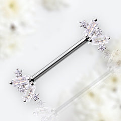 Pair of 14G Silver Sparkling Dainty Baguette Stone Nipple Barbell. Nipple Rings. Nipple Piercing