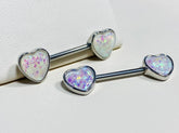 14G White Opal Hearts Nipple Barbells. Nipple Piercings. Nipple Rings. Nipple Jewelry.
