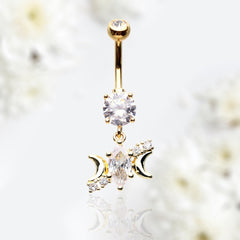 14G Gold Sparkling Marquise Stone Center with Dainty Moon Belly Button Ring