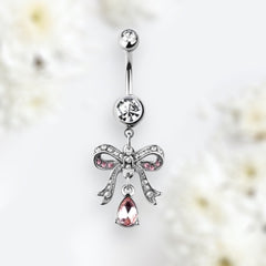14G Silver Pink Ribbon with Dangling Teardrop Belly Button Ring