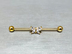 14G Gold Sparkling Stone Butterfly 38MM Length Industrial Barbell. Industrial Piercing. Body Jewelry. Ear Piercing. Ear Barbell.