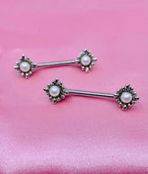 A Set of 14g Silver Sun Rays with Pearl Centered Stone Nipple Barbells. Nipple Jewelry. Nipple Piercing.